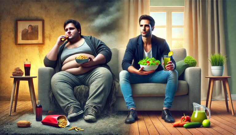 A split-scene shows an overweight man eating junk food in a dark room while a fit man eats a salad—linking obesity and mental health.