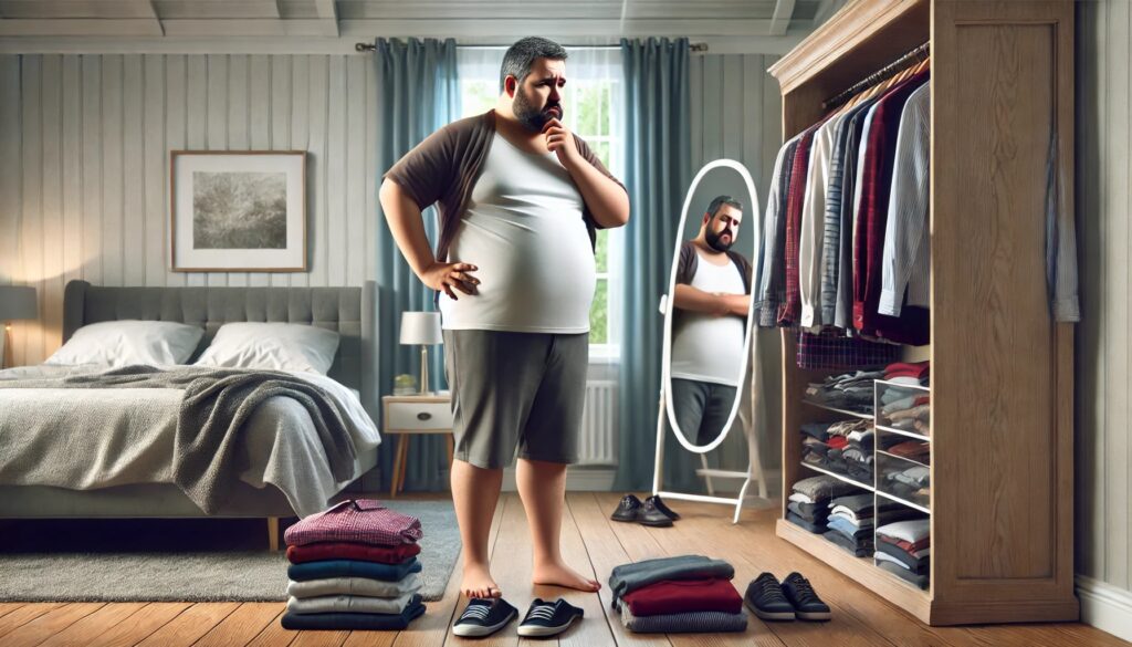 An overweight man looks at clothes in his bedroom while his mirror reflection appears slimmer—a sign of obesity and mental health. 