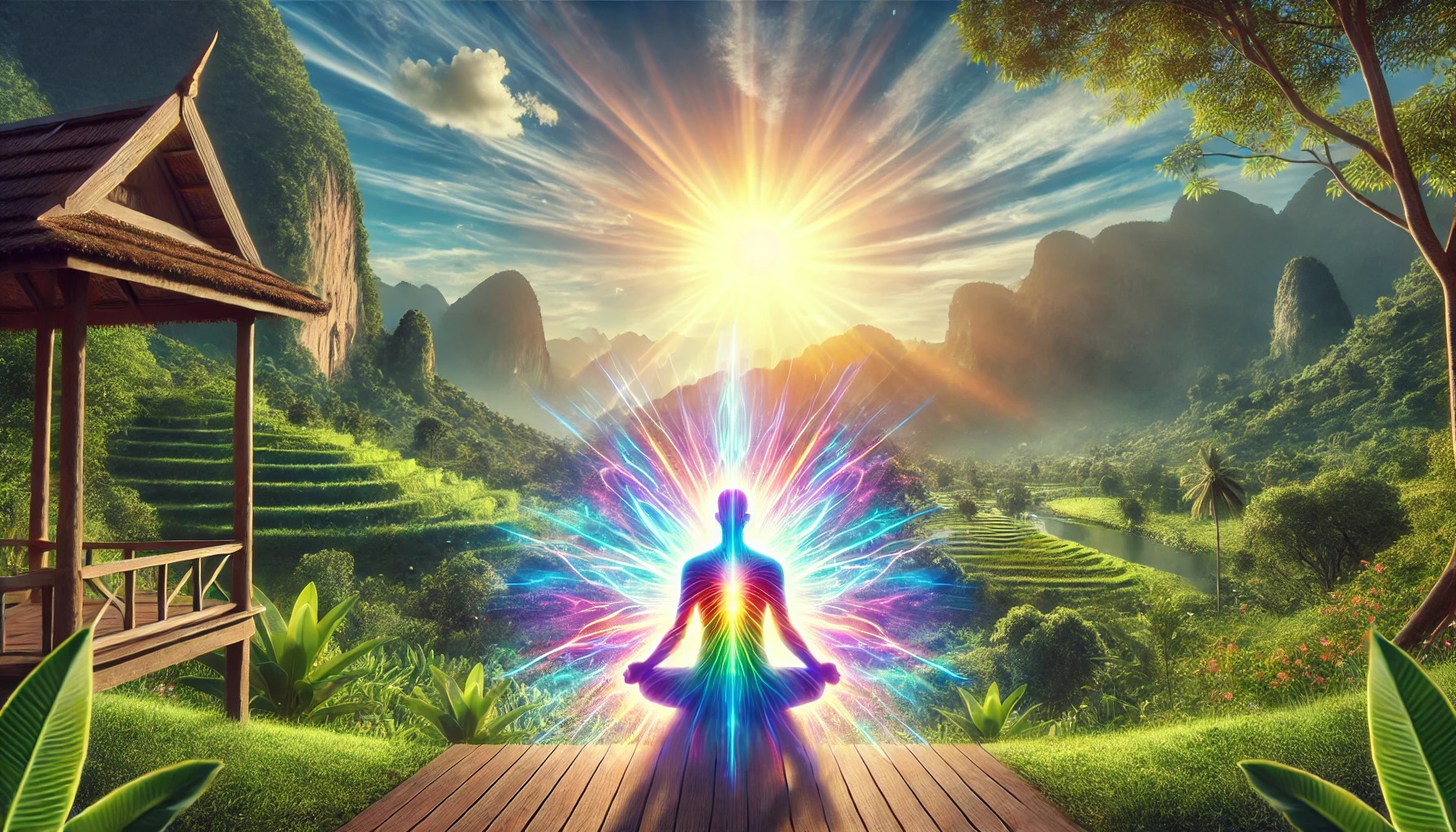 A serene, realistic landscape featuring a person meditating on a wooden deck, surrounded by lush greenery and glowing aura energy.