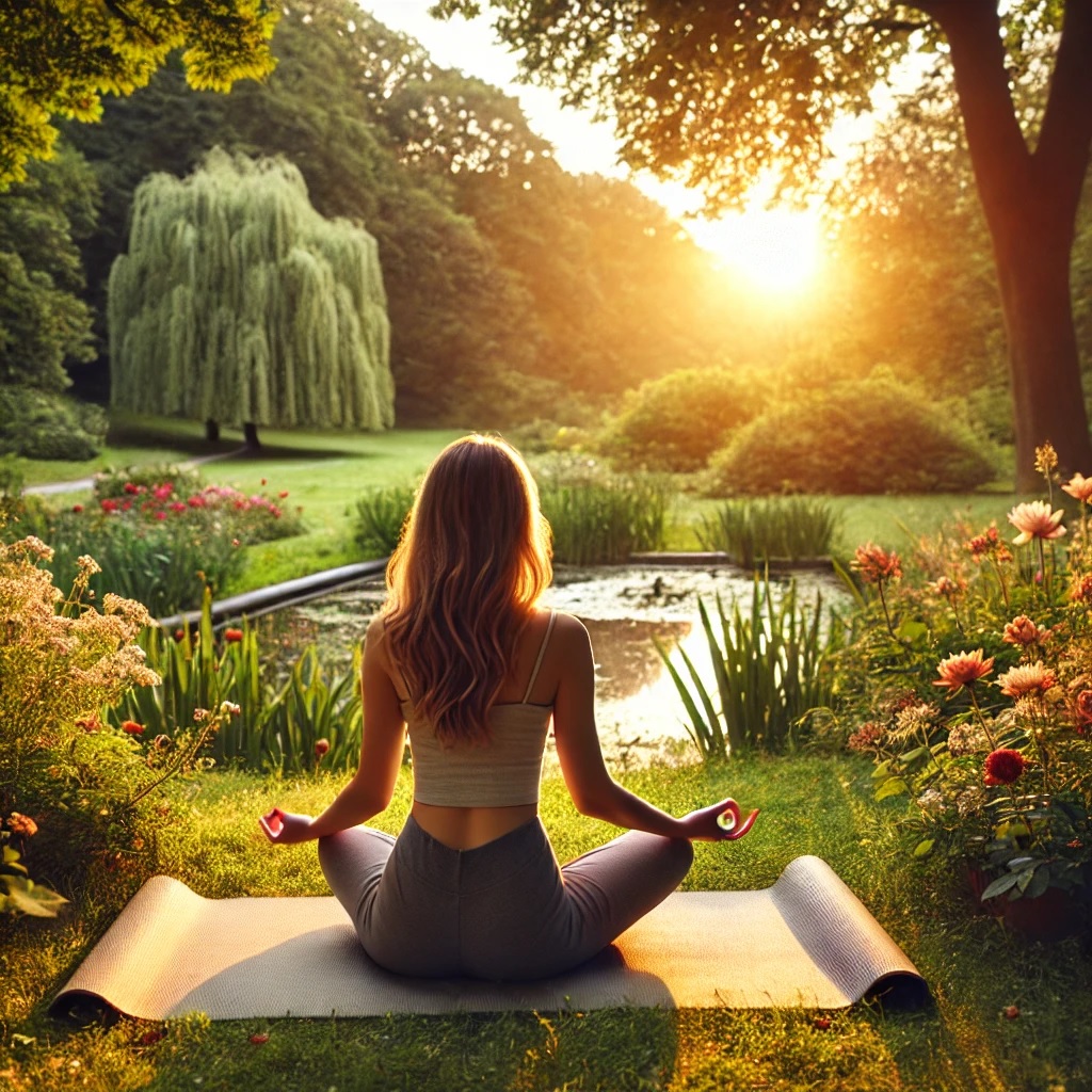 A young woman meditates in a serene park at sunset, embracing emotional hygiene for inner peace, balance, and mental well-being