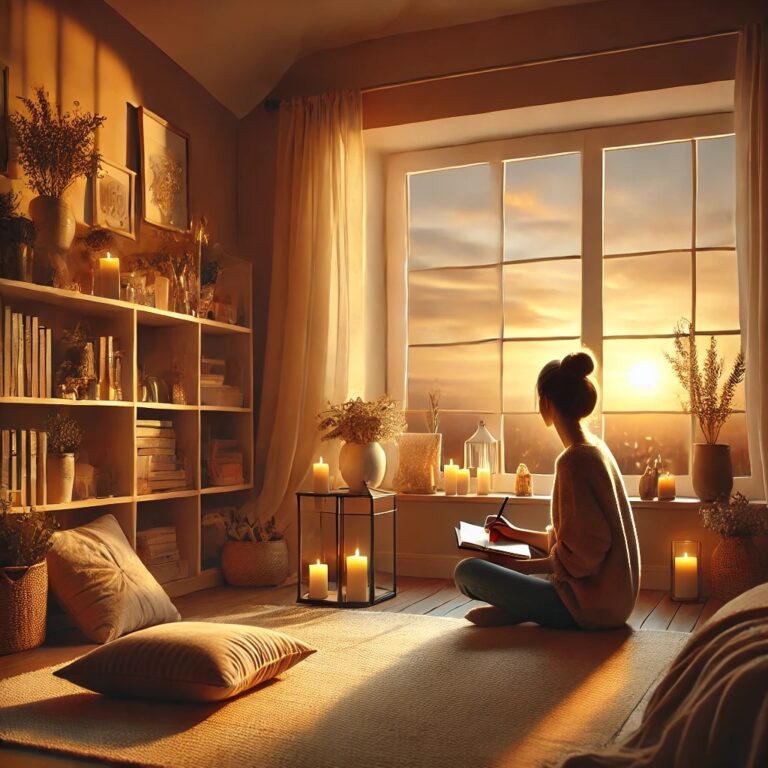 A woman journaling by a window at sunset, surrounded by warm lighting, books, and candles—practicing emotional hygiene