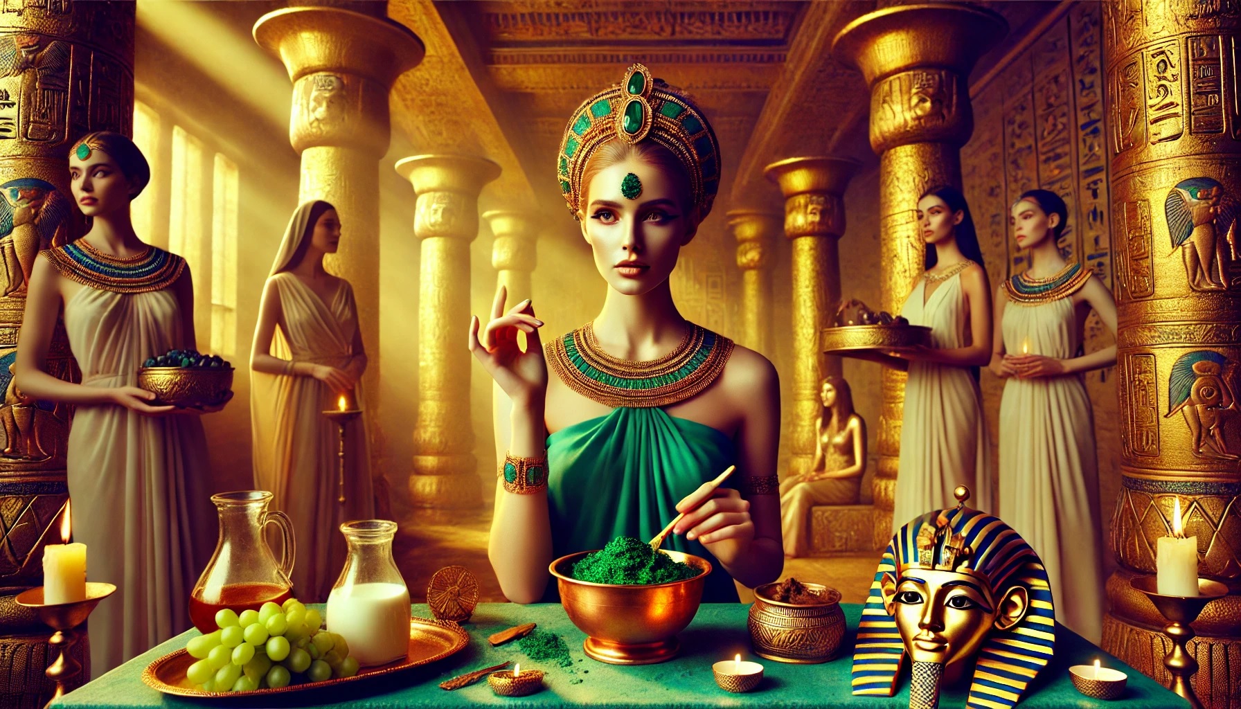 Cleopatra shown in an opulent palace as she prepares a malachite face mask for radiant skin.