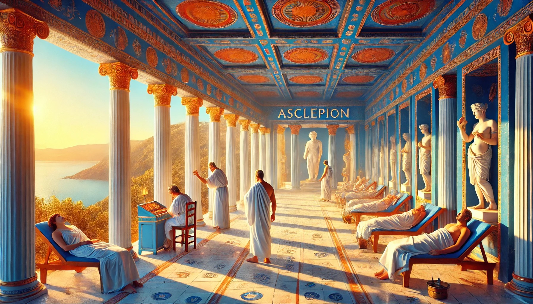 A Greek Asclepion healing temple overlooking the Aegean Sea, where patients rest and receive sunlight and colour therapy.