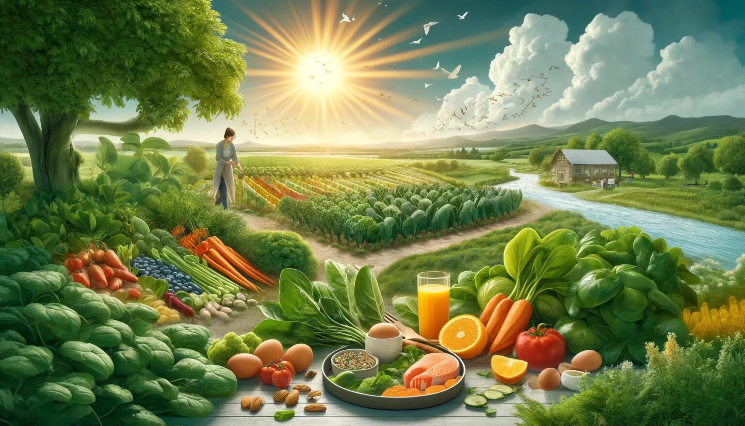 How to Maximize Vitamin Absorption? A realistic landscape illustrating how to maximize vitamin absorption, featuring nutrient-rich foods, digestion, and healthy lifestyle elements.