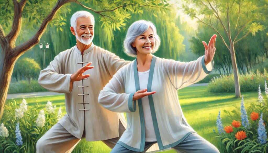 Senior couple practicing Tai Chi in a serene park, demonstrating mind body connection techniques for balance, health, and harmony.