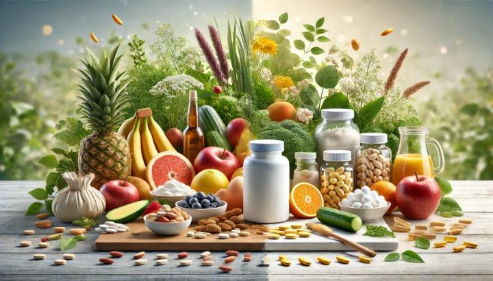 A comparison of fresh fruits, vegetables, and nuts with supplement pills and bottles, illustrating natural vitamins vs supplements.