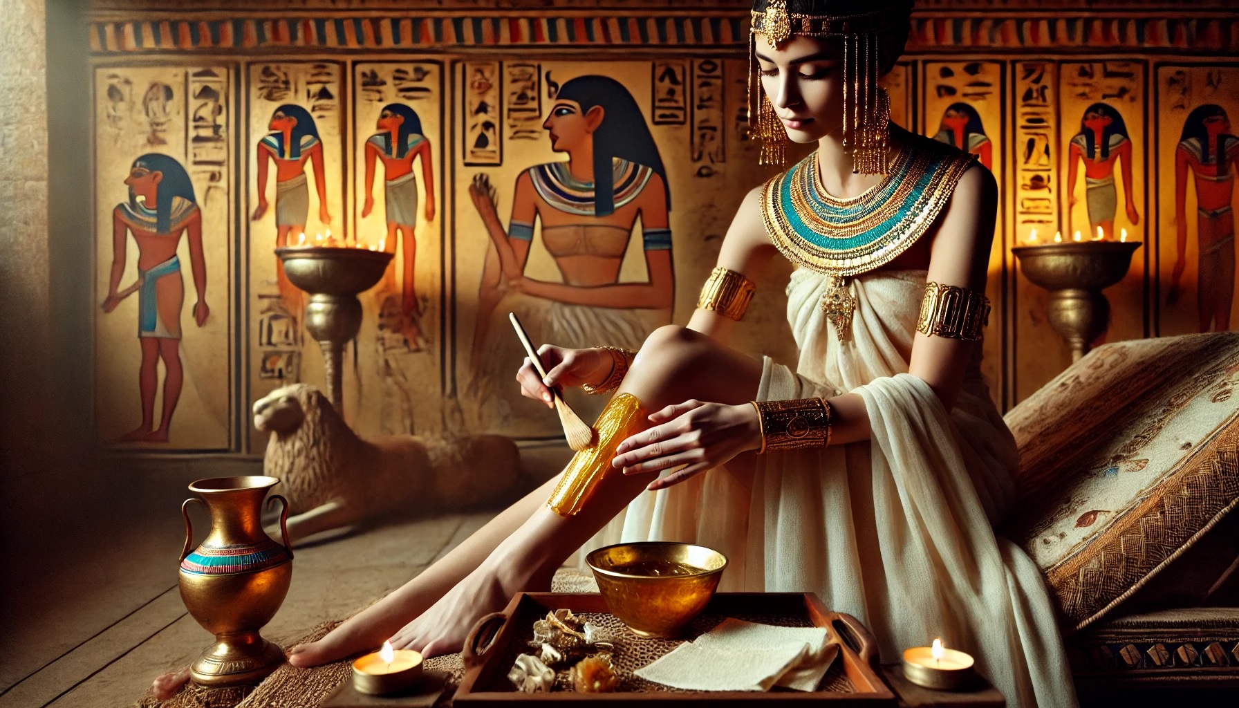 Cleopatra applying sugaring wax for hair removal in a royal setting with golden decor.