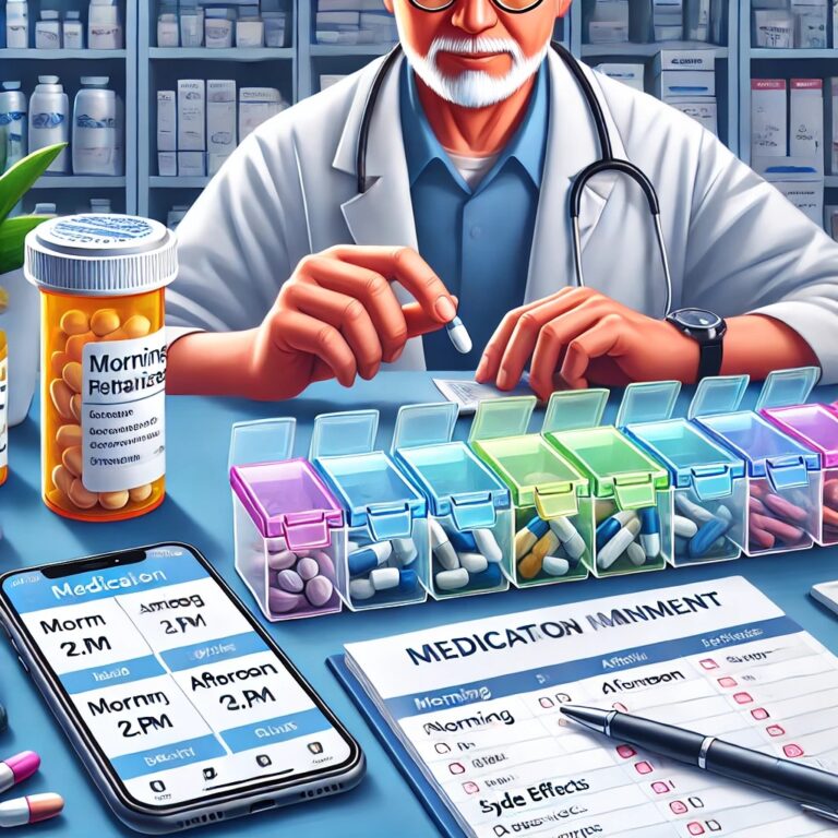 An elderly doctor organizes pills in a weekly box, showing how to use medicines safely with a prescription list, bottle, and app