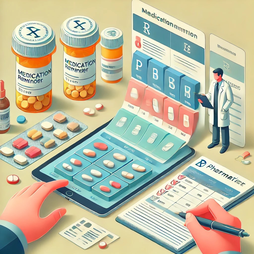 A doctor reviews prescriptions as a patient learns how to use medicines safely, organizing pills with a digital planner and pillbox 