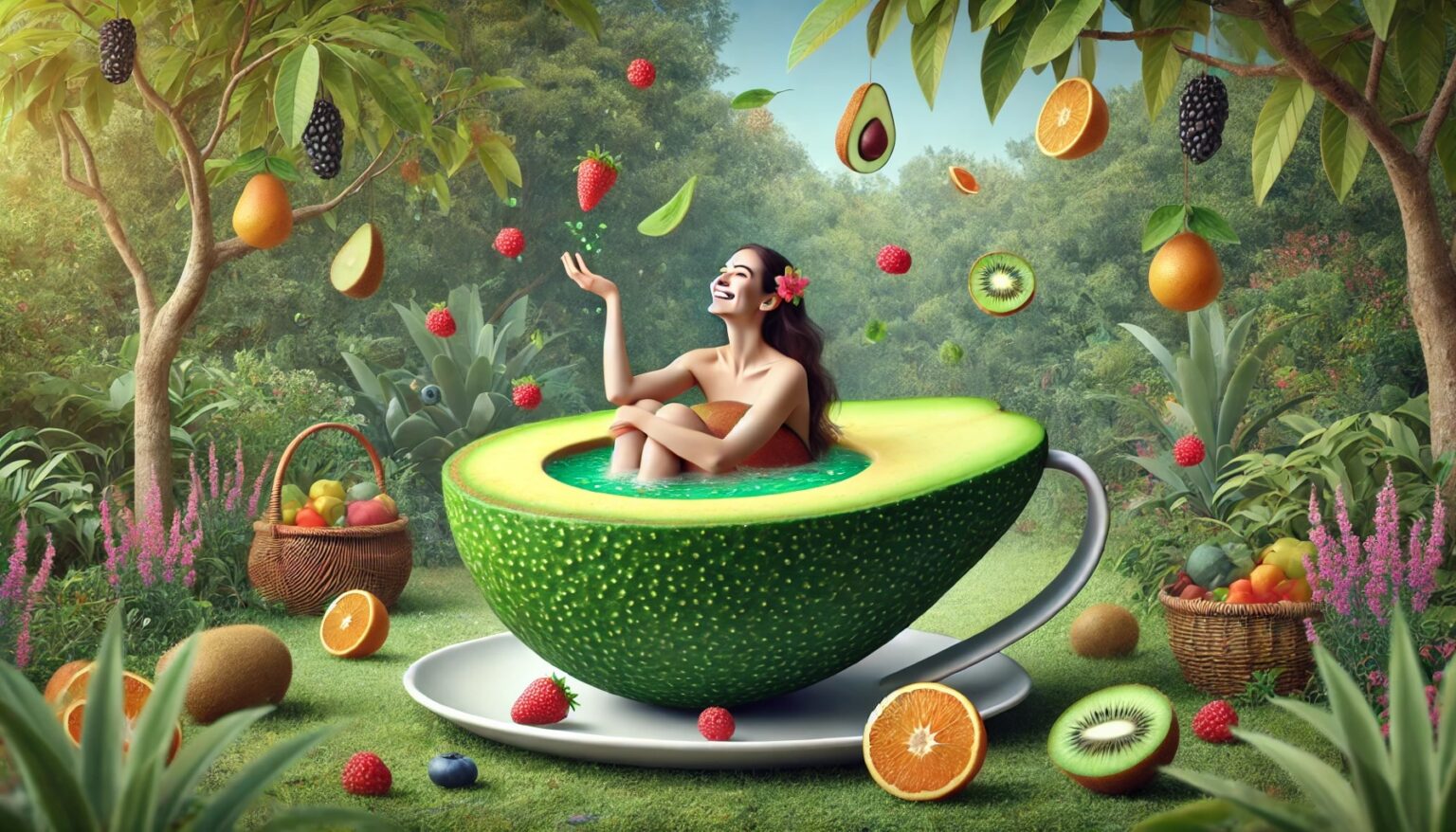 A woman relaxes in an avocado cup in a lush garden with floating fruits. A dreamy scene promoting fruits for weight loss.