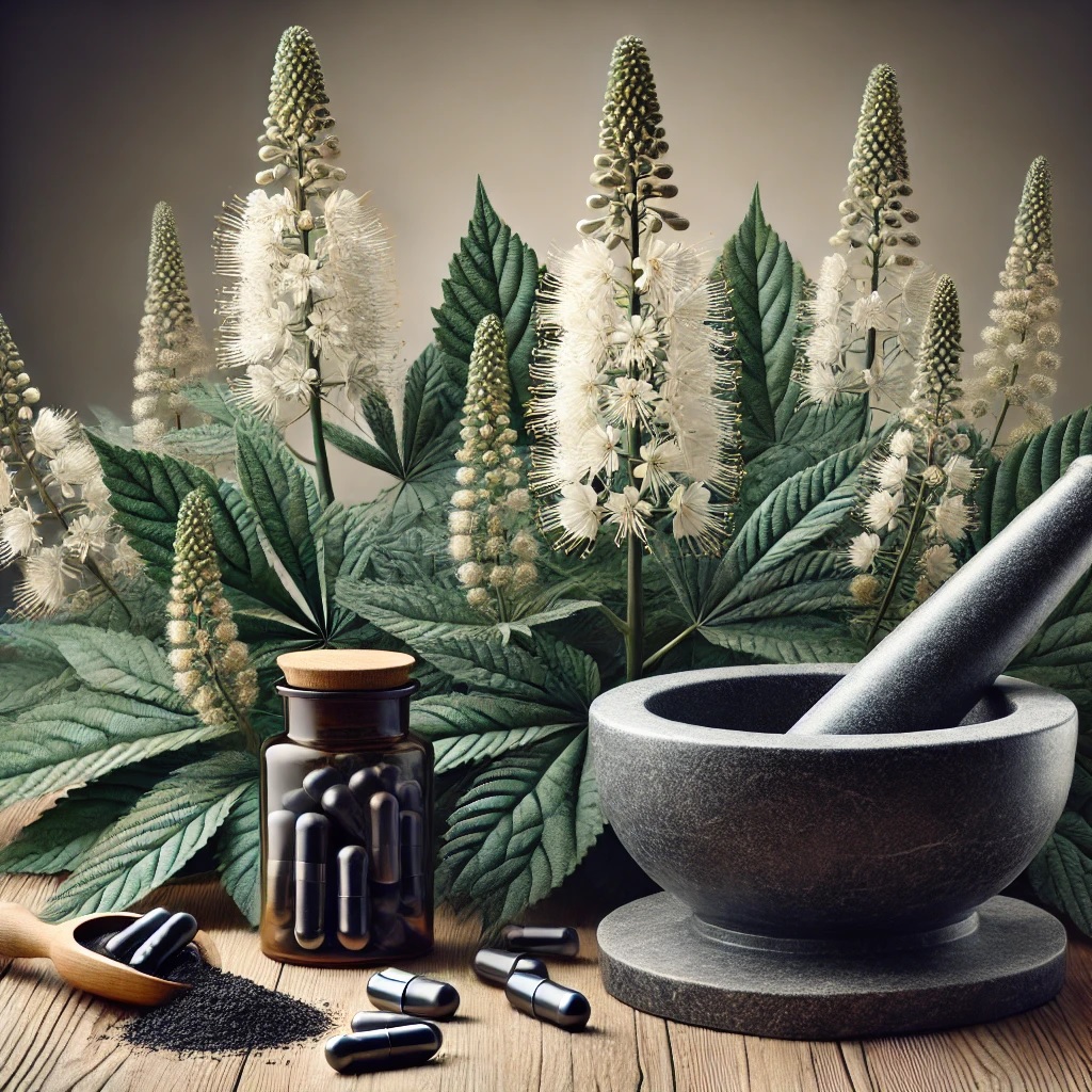Black cohosh shrubs with fine white fibers, a grey stone mortar and pestle, and amber glass bottles with capsules on a white background.