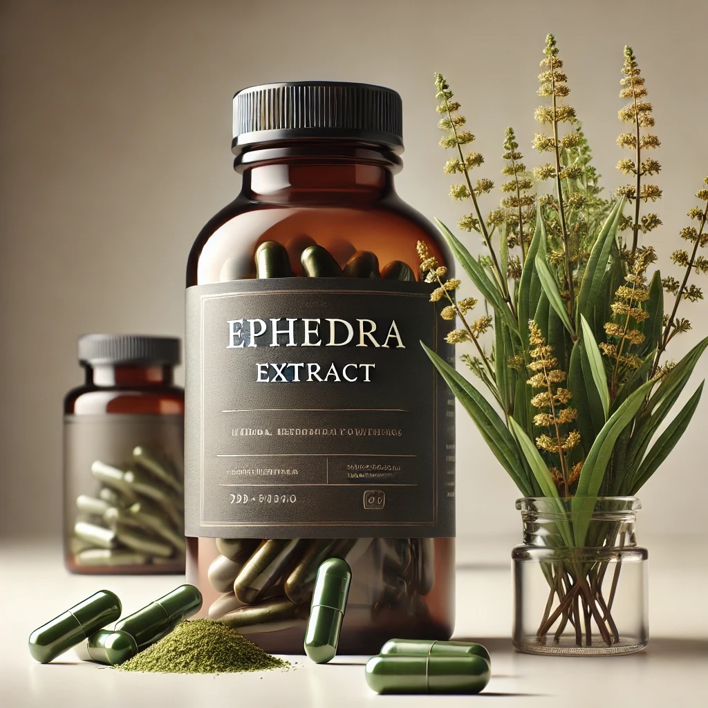Ephedra herbal supplements in amber glass bottles with capsules and powder, alongside fresh Ephedra plant.