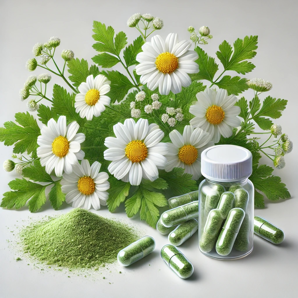 Fresh feverfew flowers with white petals and herbal supplement capsules in a natural setting.