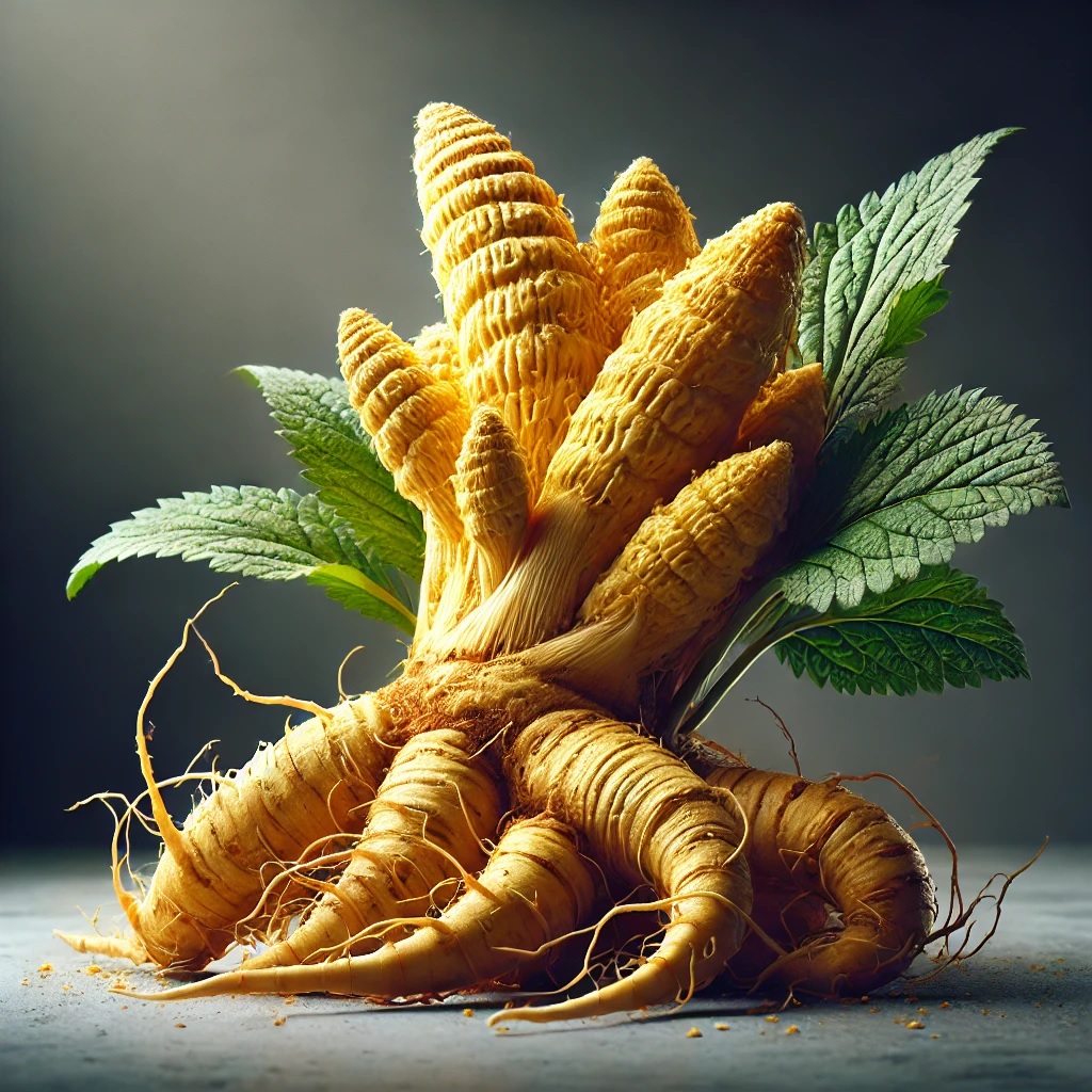 Fresh Goldenseal rhizome with vibrant yellow root, rough texture, in natural herbal supplement setting.