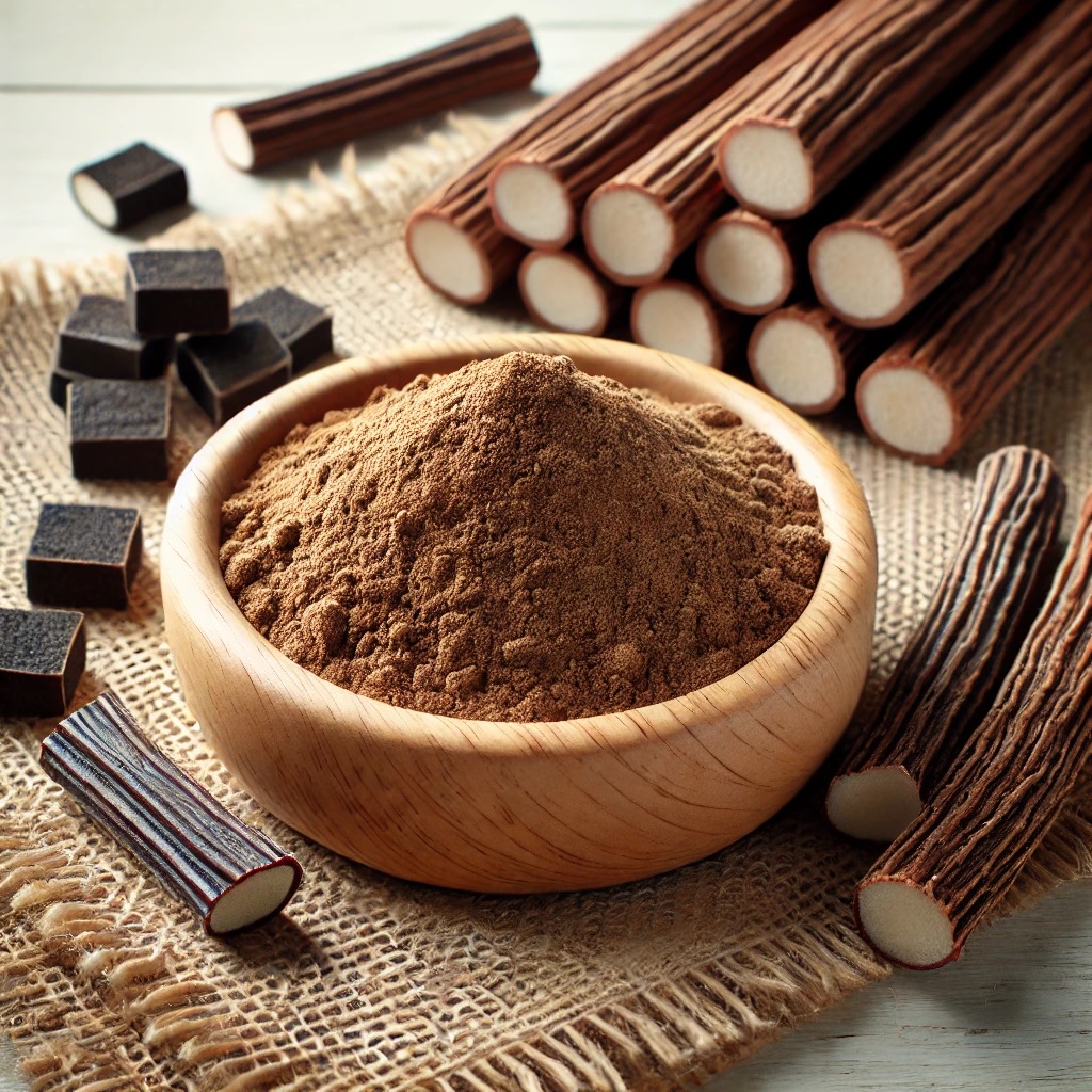 Licorice powder in a wooden bowl with roots and extract cubes on burlap represents herbal supplements.
