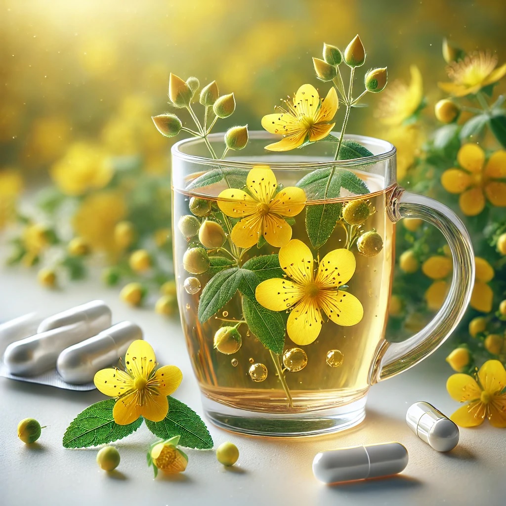 Glass cup of St. John’s Wort tea with floating flowers, surrounded by capsules, representing herbal supplements.