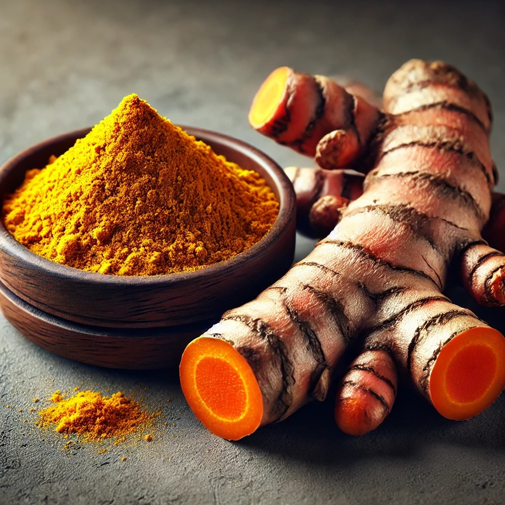 Fresh turmeric root with bright orange flesh and ground powder in a wooden bowl, herbal supplement focus.