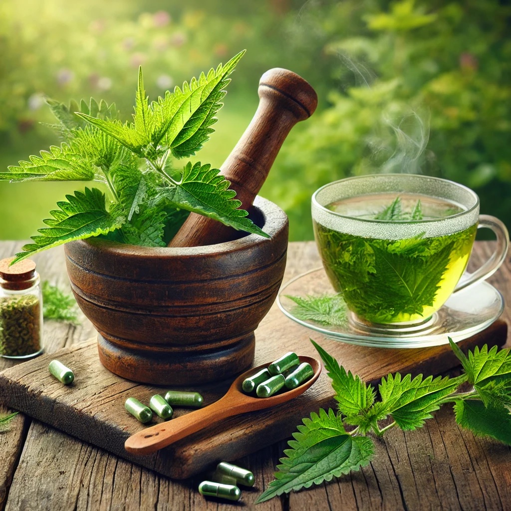 Fresh nettle in a mortar & pestle on a wooden table, garden setting, vibrant green leaves, realistic sunlight